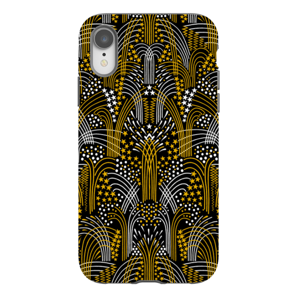 iPhone tough case featuring a black, gold, and white fireworks pattern by Cressida Bell with dual-layer protection.