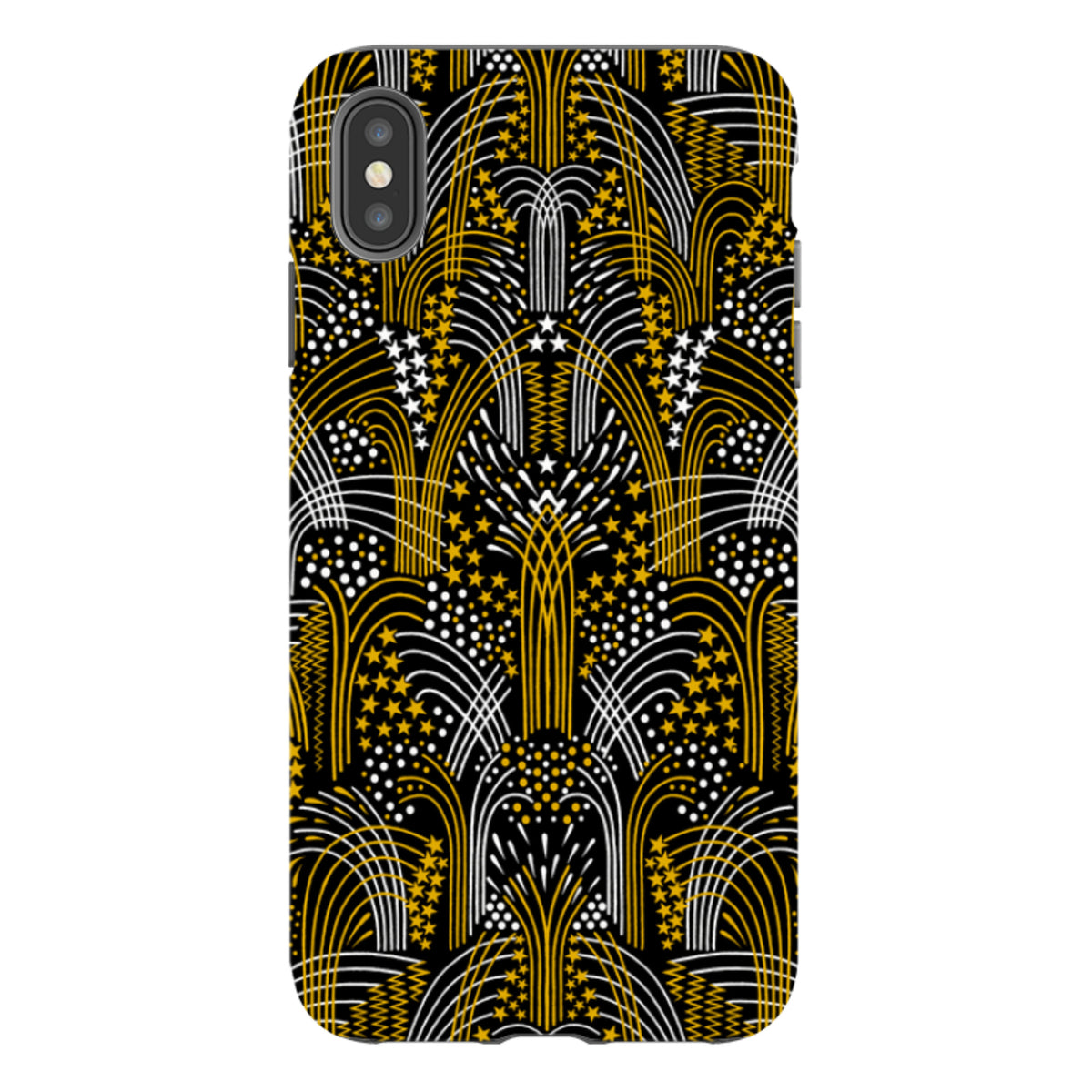 iPhone tough case featuring a black background with gold and white firework-inspired geometric patterns and stars.