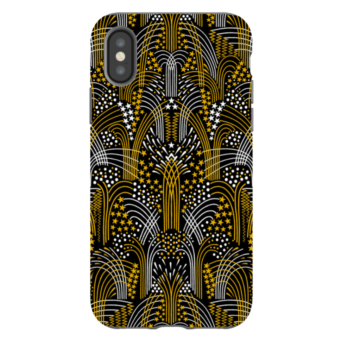 iPhone tough case with a black, gold, and white fireworks pattern by Cressida Bell, featuring a dual-layer protective design.