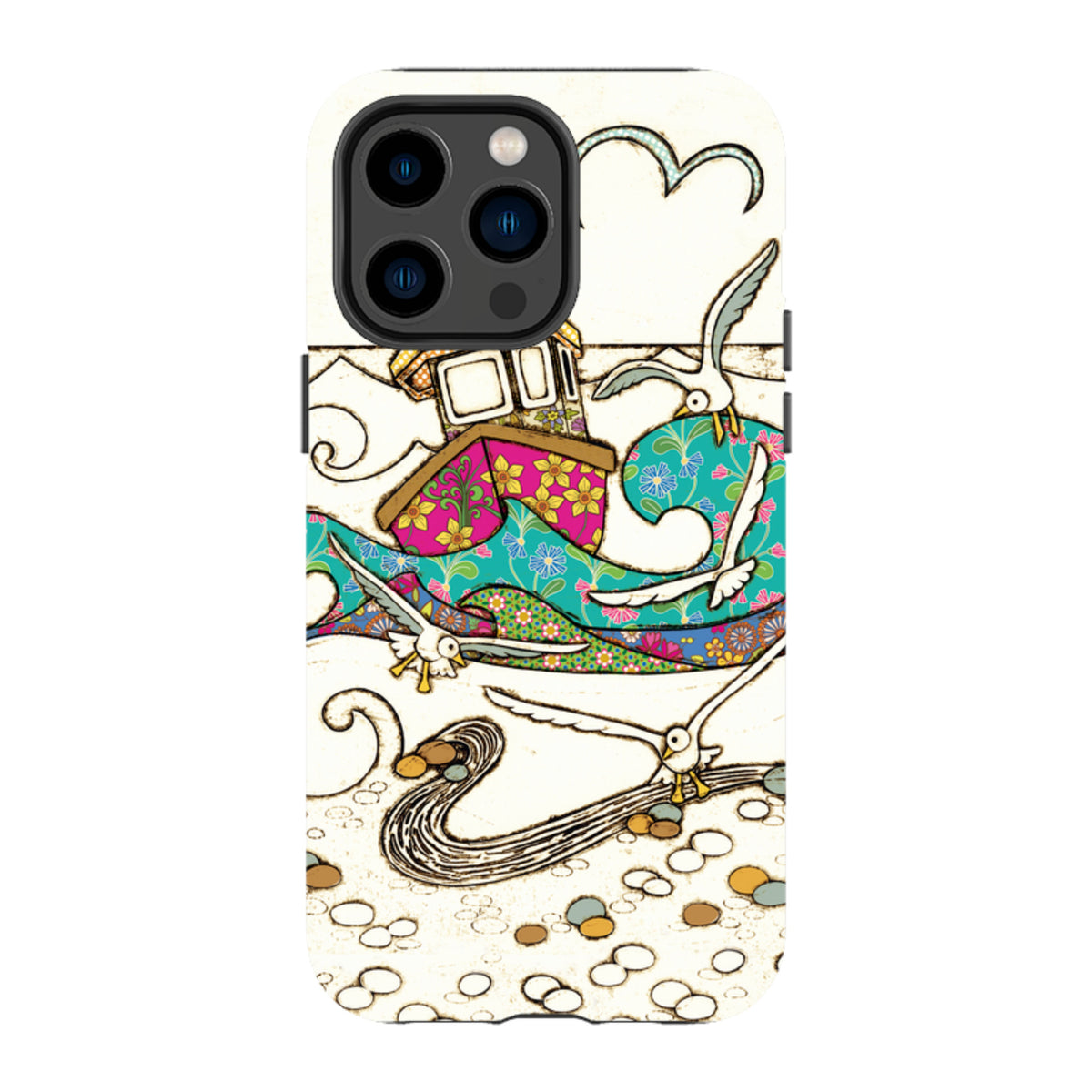 Dual-layer iPhone tough case featuring Amelia Bowman’s colorful fishing boat and seagull illustration on a white background.