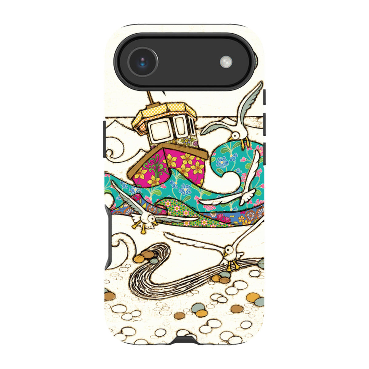 iPhone tough case featuring Amelia Bowman's colorful fishing boat artwork with seagulls on a textured, dual-layer shell.
