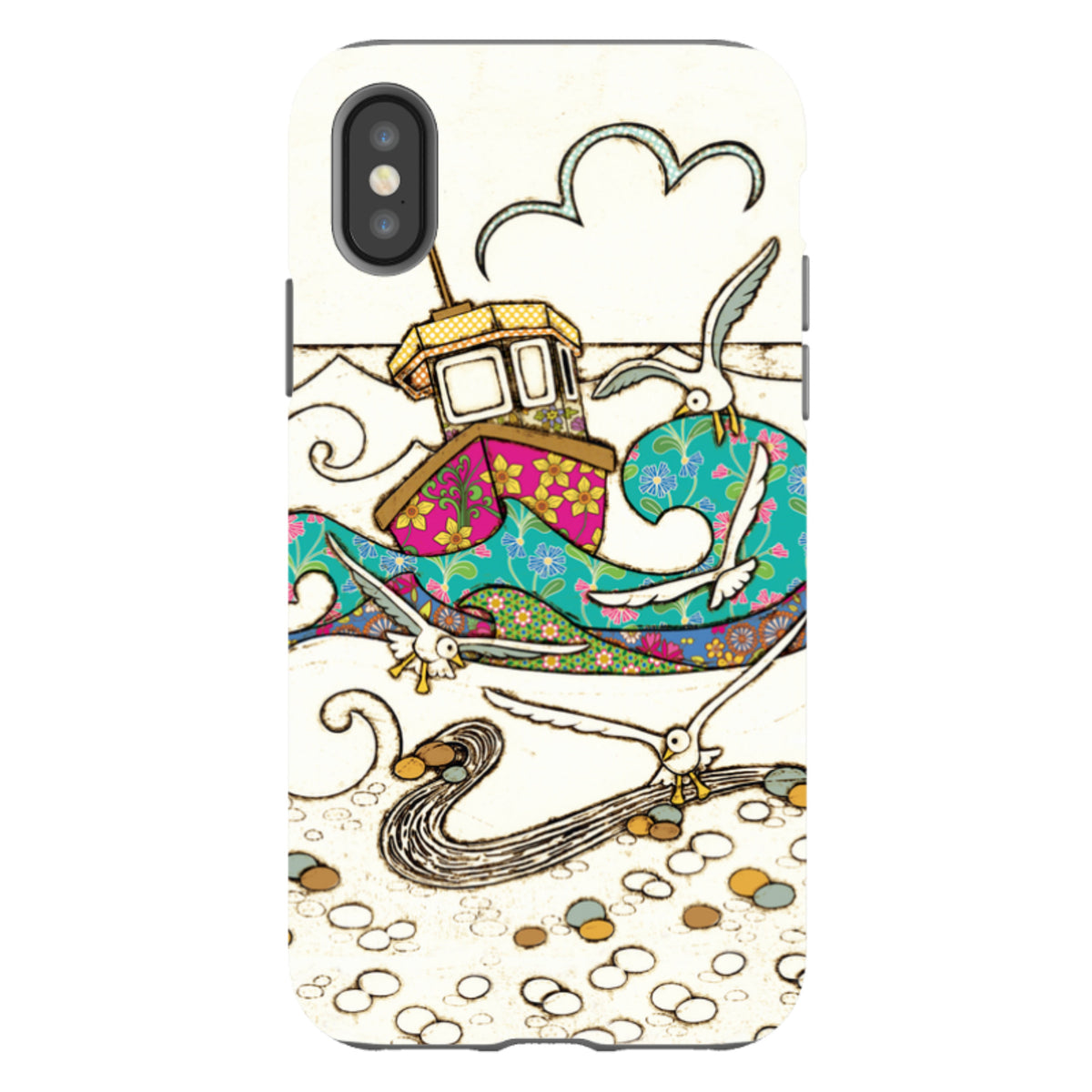 iPhone tough case featuring Amelia Bowman's colorful fishing boat and seagull illustration on a durable dual-layer shell.