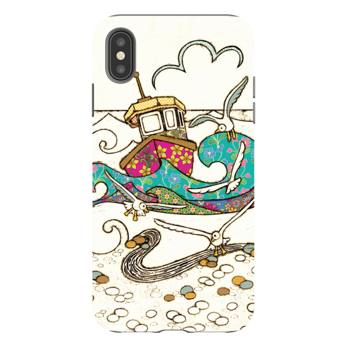 iPhone Tough Case featuring Amelia Bowman’s colorful fishing boat illustration with seagulls on a dual-layer protective shell.