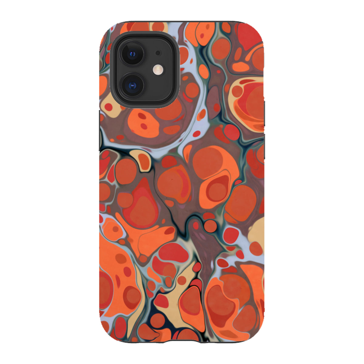 iPhone tough case with a vibrant orange and red marbled volcano design, featuring a durable dual-layer protective shell.
