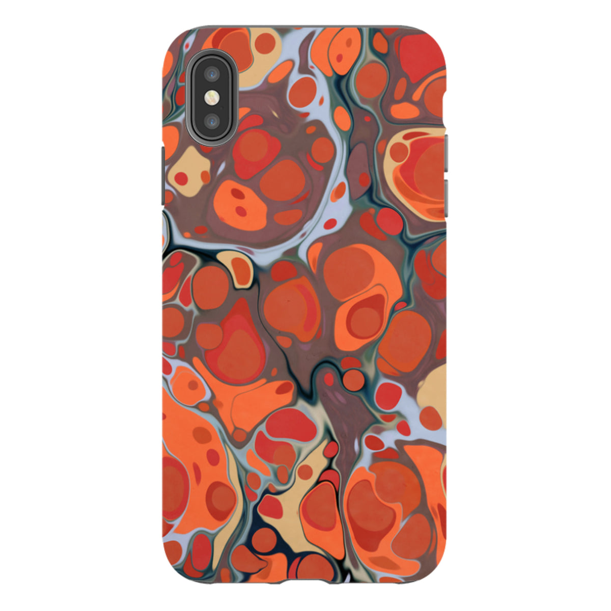 iPhone tough case with a vibrant, abstract flaming volcano pattern in shades of orange, red, and black with dual-layer design.