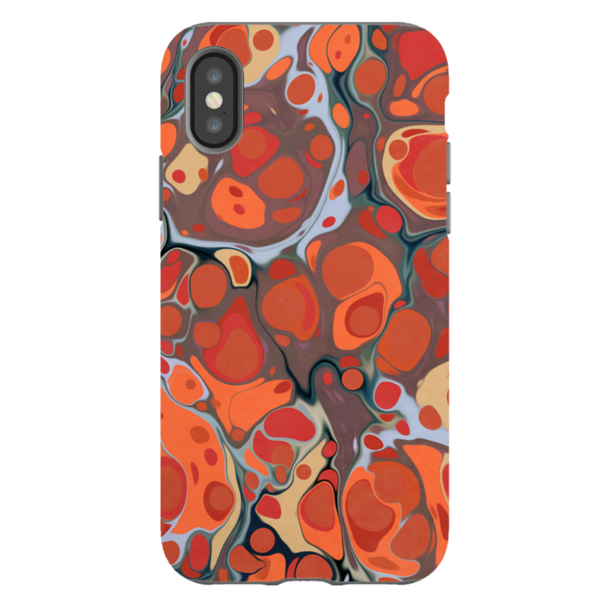 iPhone tough case with a vibrant, swirling orange and red volcanic marble pattern and a protective dual-layer design.