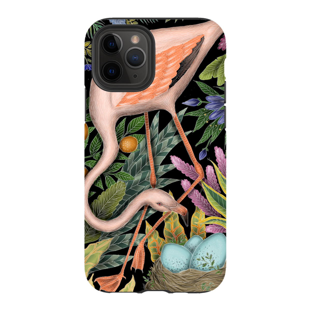 iPhone tough case featuring Catherine Rowe's flamingo art with tropical plants and blue eggs on a black background.