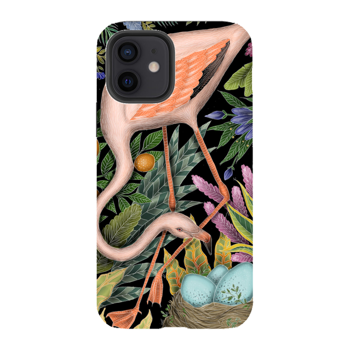 Dual-layer iPhone tough case featuring Catherine Rowe’s flamingo and tropical nest artwork on a black background.