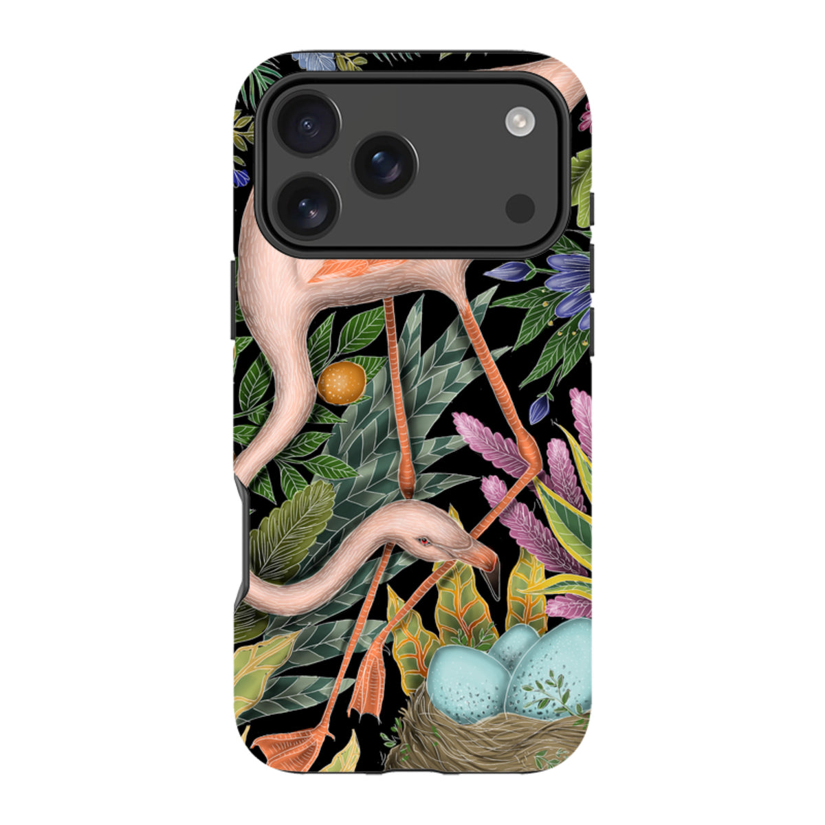 iPhone tough case featuring Catherine Rowe’s flamingo and tropical foliage art on a black background with a camera cutout.
