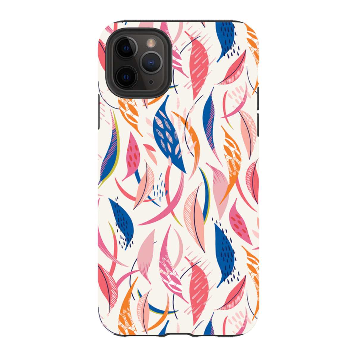 iPhone tough case with a colorful abstract flamingo feather pattern in pink, blue, and orange on a white background.