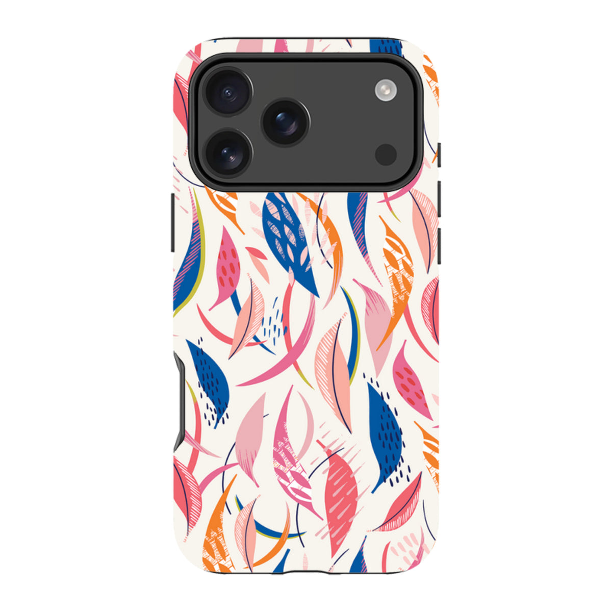 iPhone tough case with a colorful abstract flamingo feather pattern in pink, blue, and orange on a white background.