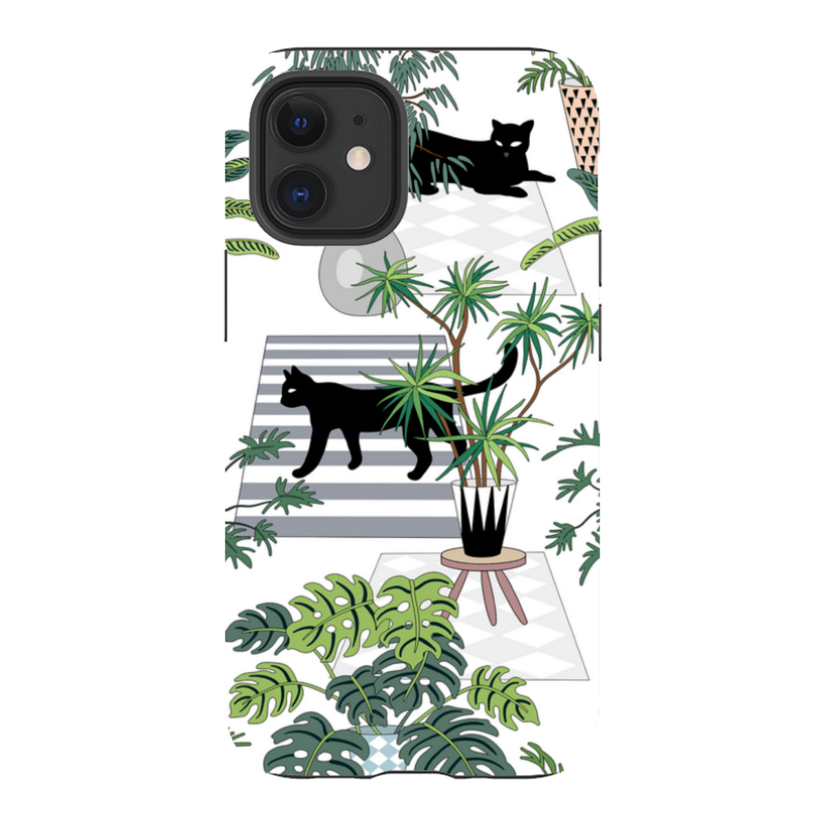 iPhone Tough Case with a white background, black cats, and green houseplants in a modern, illustrated art style.