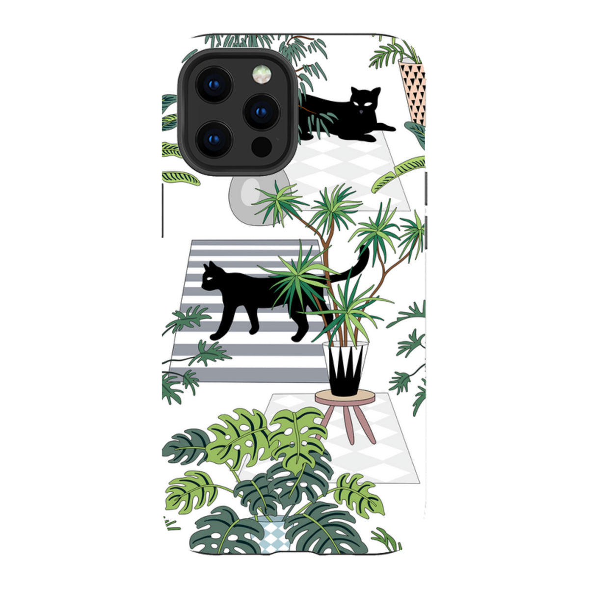 iPhone Tough Case featuring a black cat and houseplant illustration on a white background with dual-layer protection.