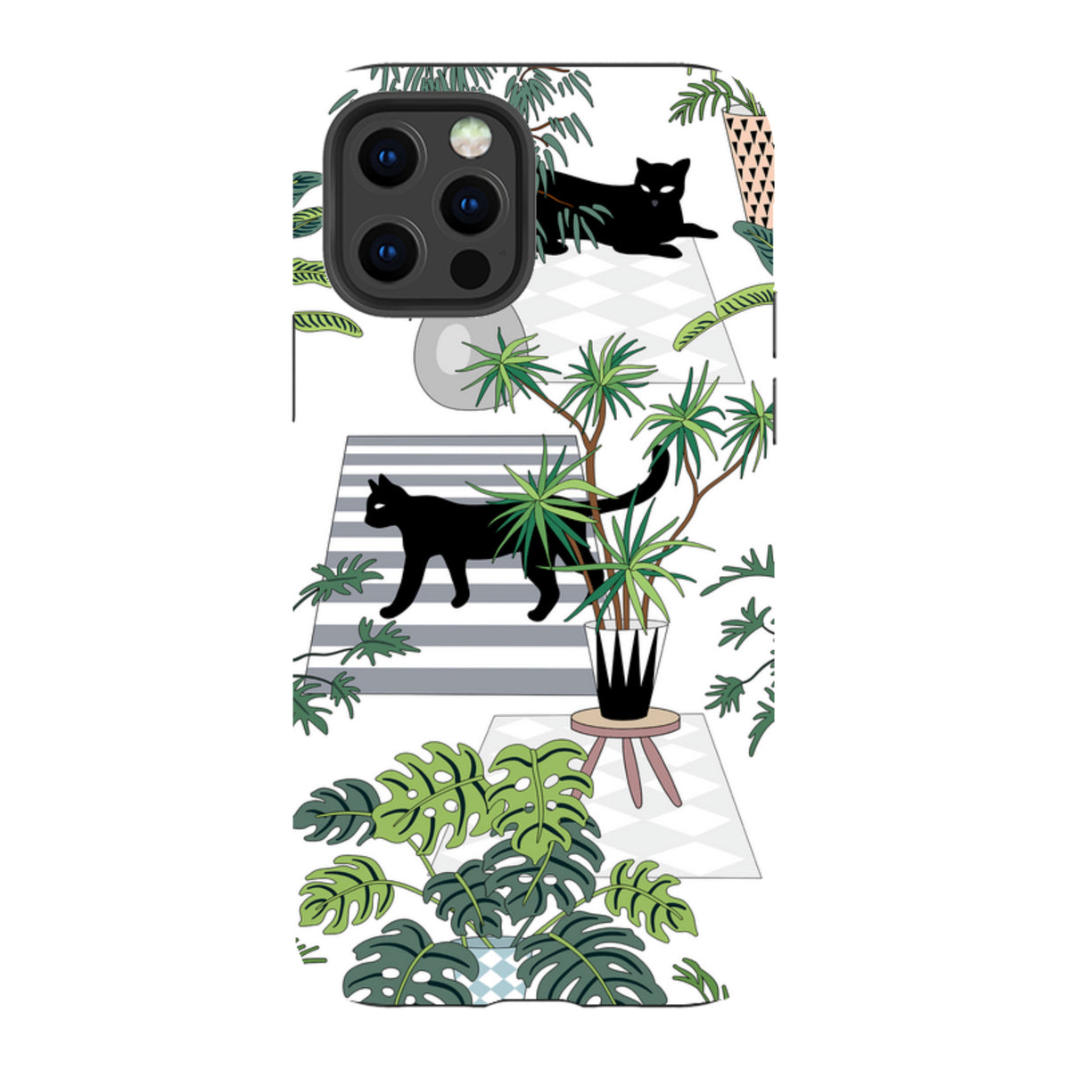 iPhone Tough Case featuring a white background with black cats, potted houseplants, and geometric floor patterns.