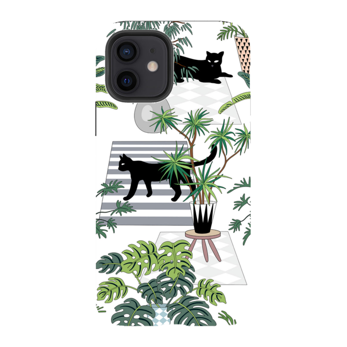 iPhone Tough Case featuring a whimsical Flimby print with black cats, potted houseplants, and geometric floor patterns.