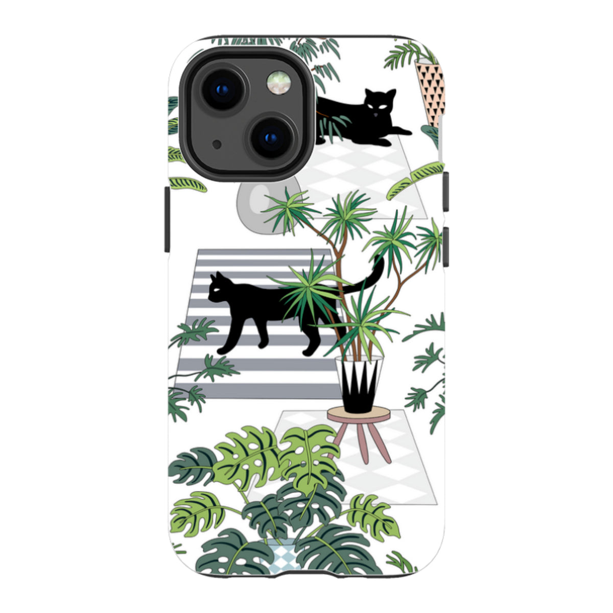 iPhone Tough Case featuring a black cat and tropical plant pattern on a white background with dual-layer protection.