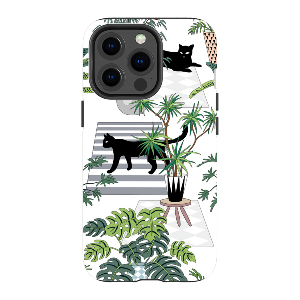 iPhone Tough Case featuring a white background with black cats, potted houseplants, and striped rugs in a modern art style.