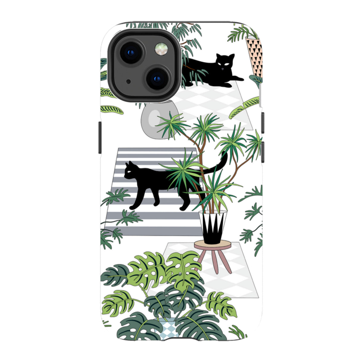 iPhone Tough Case featuring a white background with black cats, potted houseplants, and geometric floor patterns.