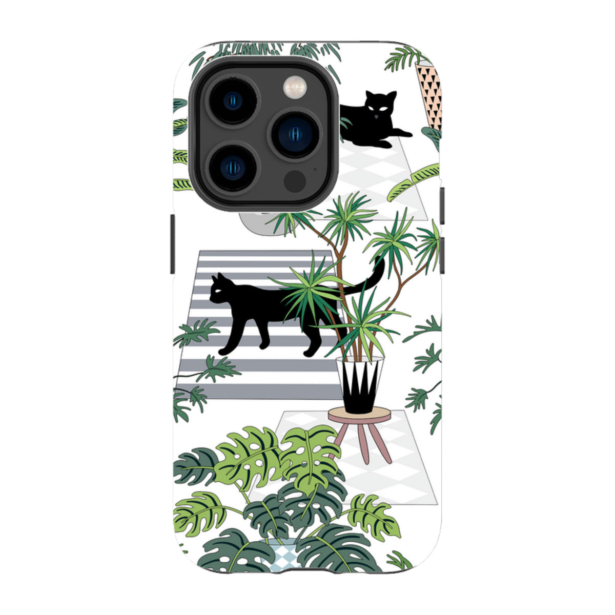 iPhone Tough Case featuring a black cat and houseplant pattern on a white background with dual-layer protective design.