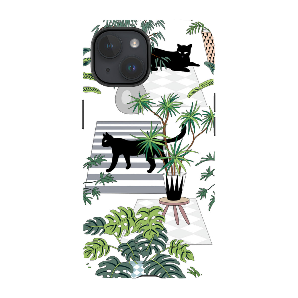 iPhone Tough Case featuring a black cat and tropical plant illustration on a white background with dual-layer protection.