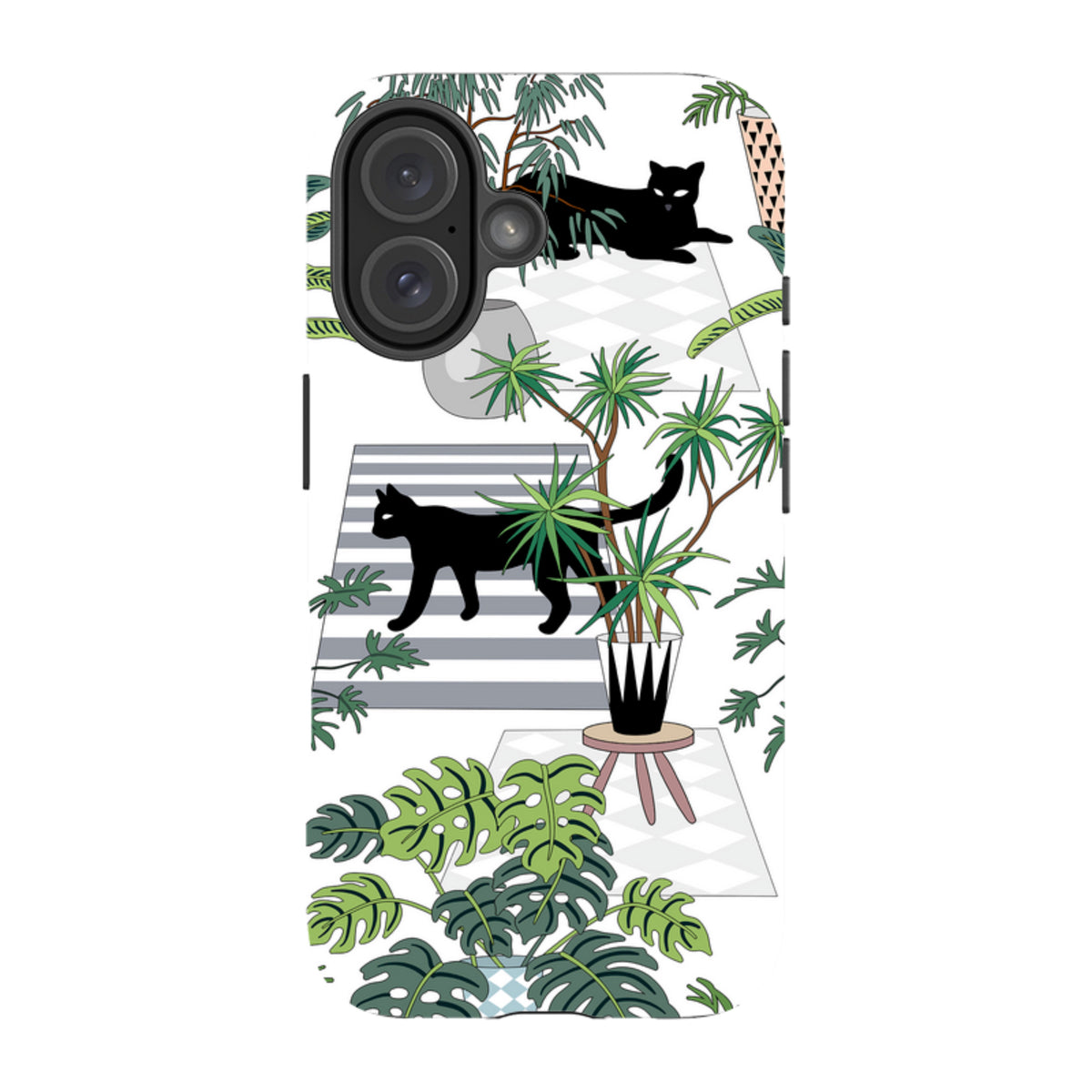 iPhone Tough Case featuring a whimsical black cat and tropical plant illustration on a white background.