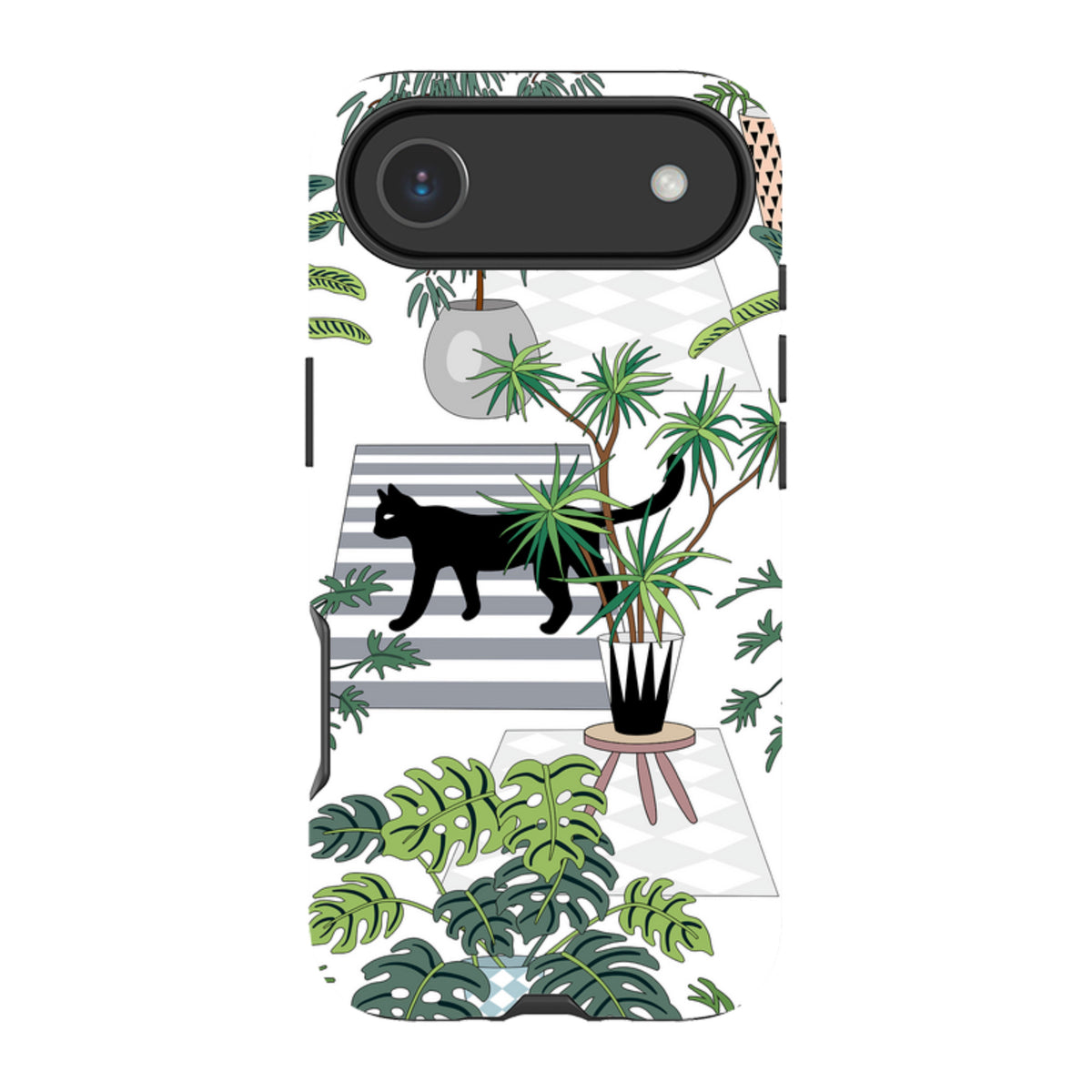 iPhone Tough Case featuring a black cat walking among potted tropical plants and striped rugs on a white background.