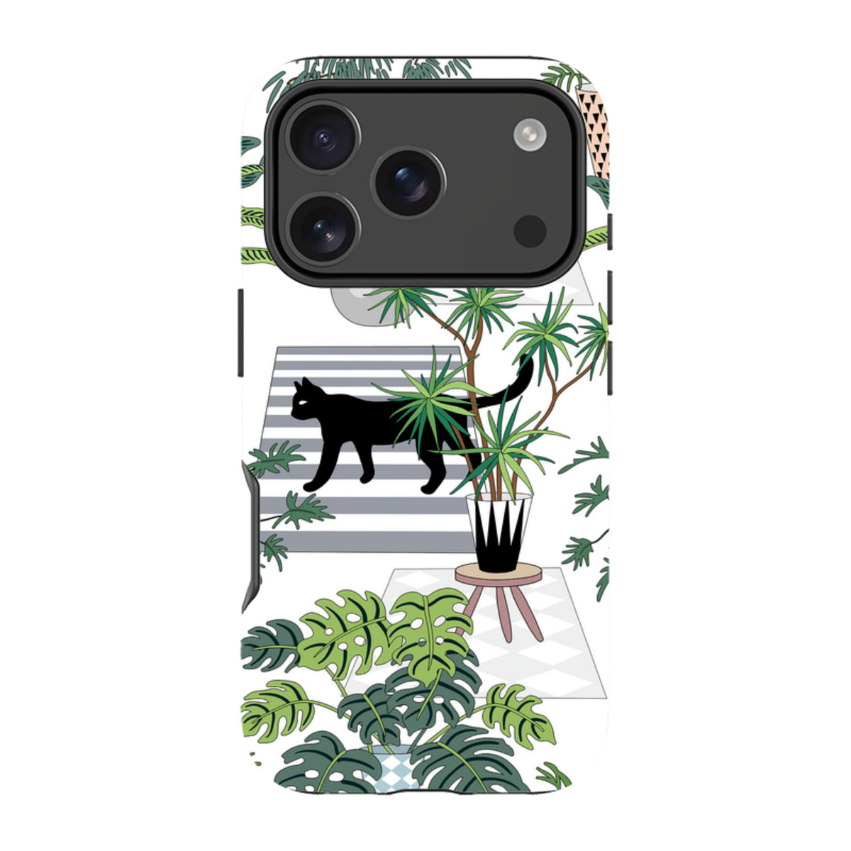 iPhone Tough Case featuring a black cat, potted monstera plants, and a striped rug design on a white background.