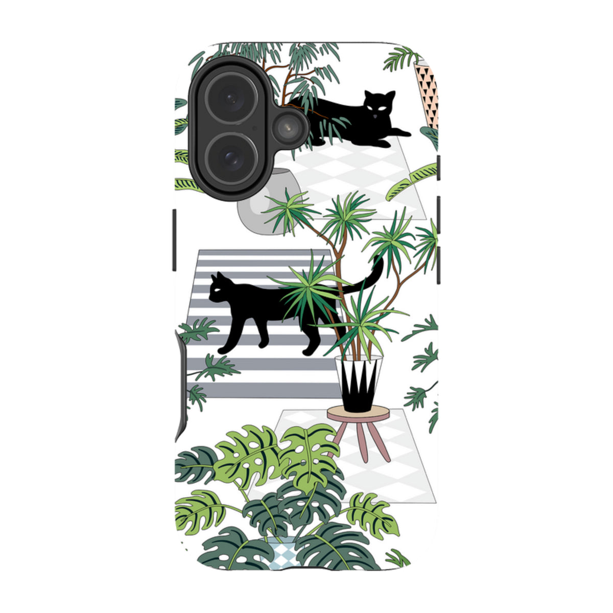 iPhone Tough Case featuring a Flimby print with black cats, potted plants, and geometric rugs on a white background.