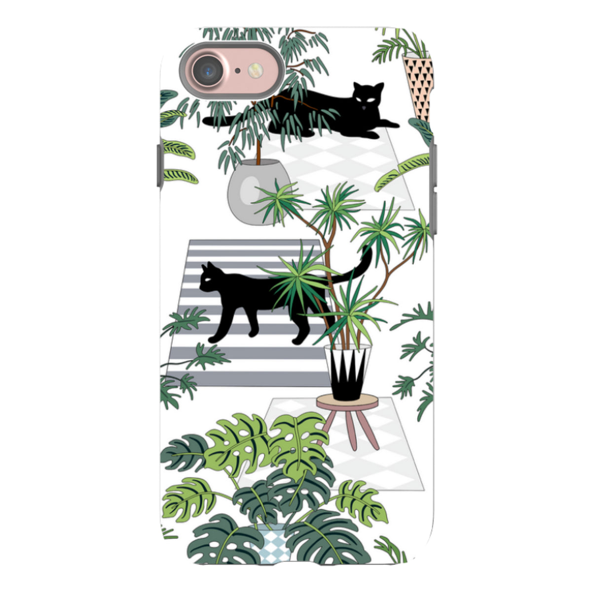 iPhone Tough Case featuring a white background with black cats, potted houseplants, and geometric rug patterns.