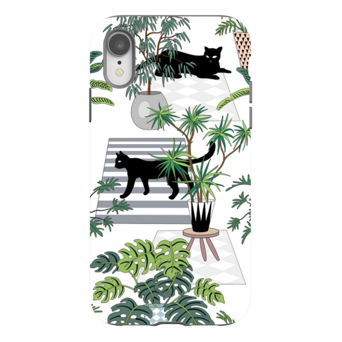 Dual-layer iPhone tough case featuring a white background with black cats, potted houseplants, and geometric rugs.