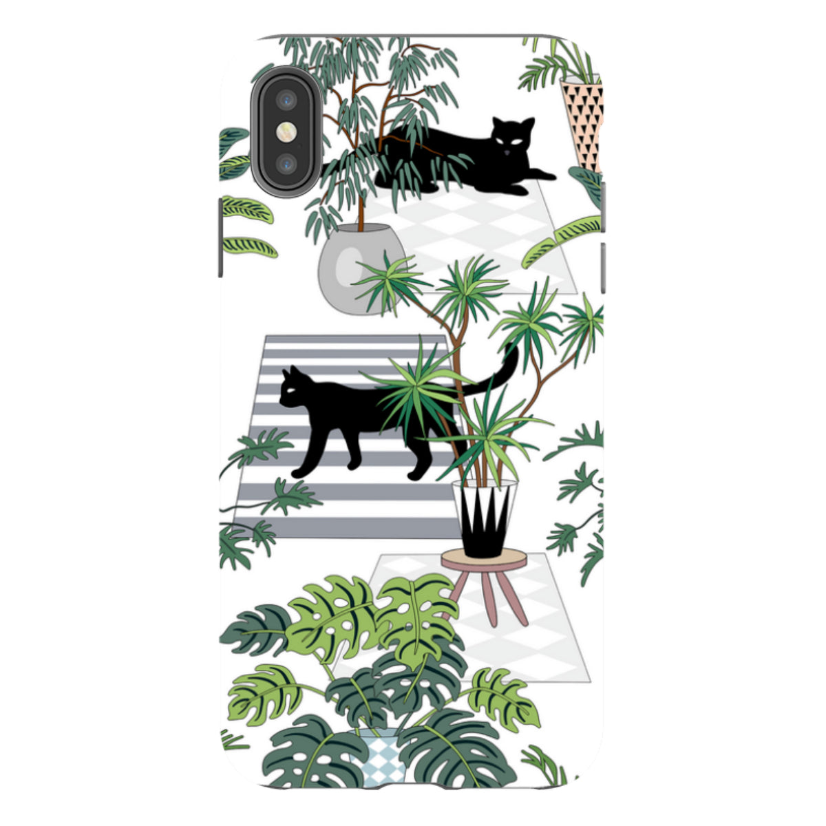iPhone Tough Case featuring a white background with black cats, potted houseplants, and geometric rug patterns.