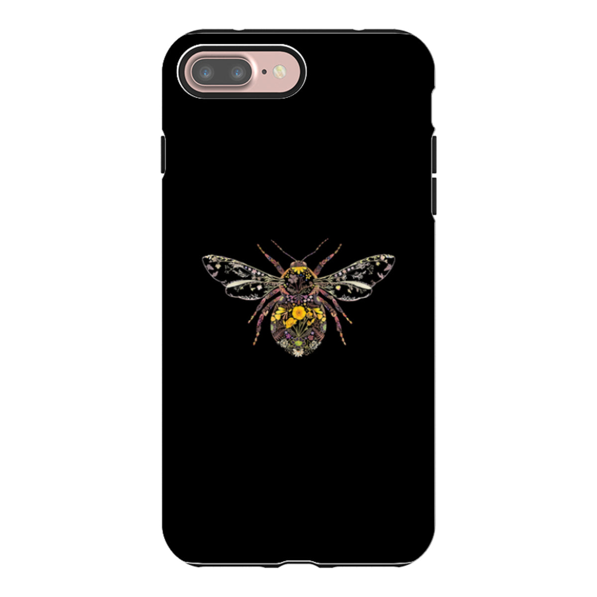 Black iPhone tough case featuring a detailed floral bumble bee art design by Helen Ahpornsiri on a dual-layer shell.