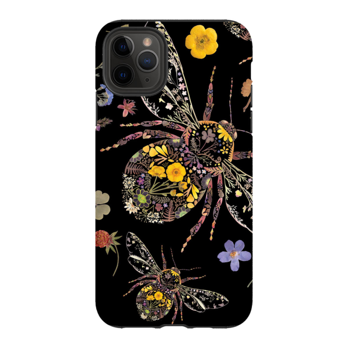 iPhone tough case featuring a black background with intricate floral bumble bee artwork by Helen Ahpornsiri.