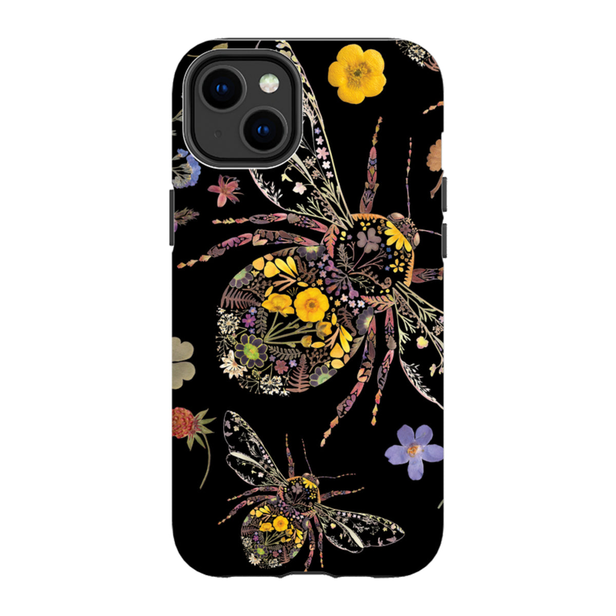 Black iPhone tough case featuring a colorful floral bumble bee design made of pressed flowers and botanical elements.