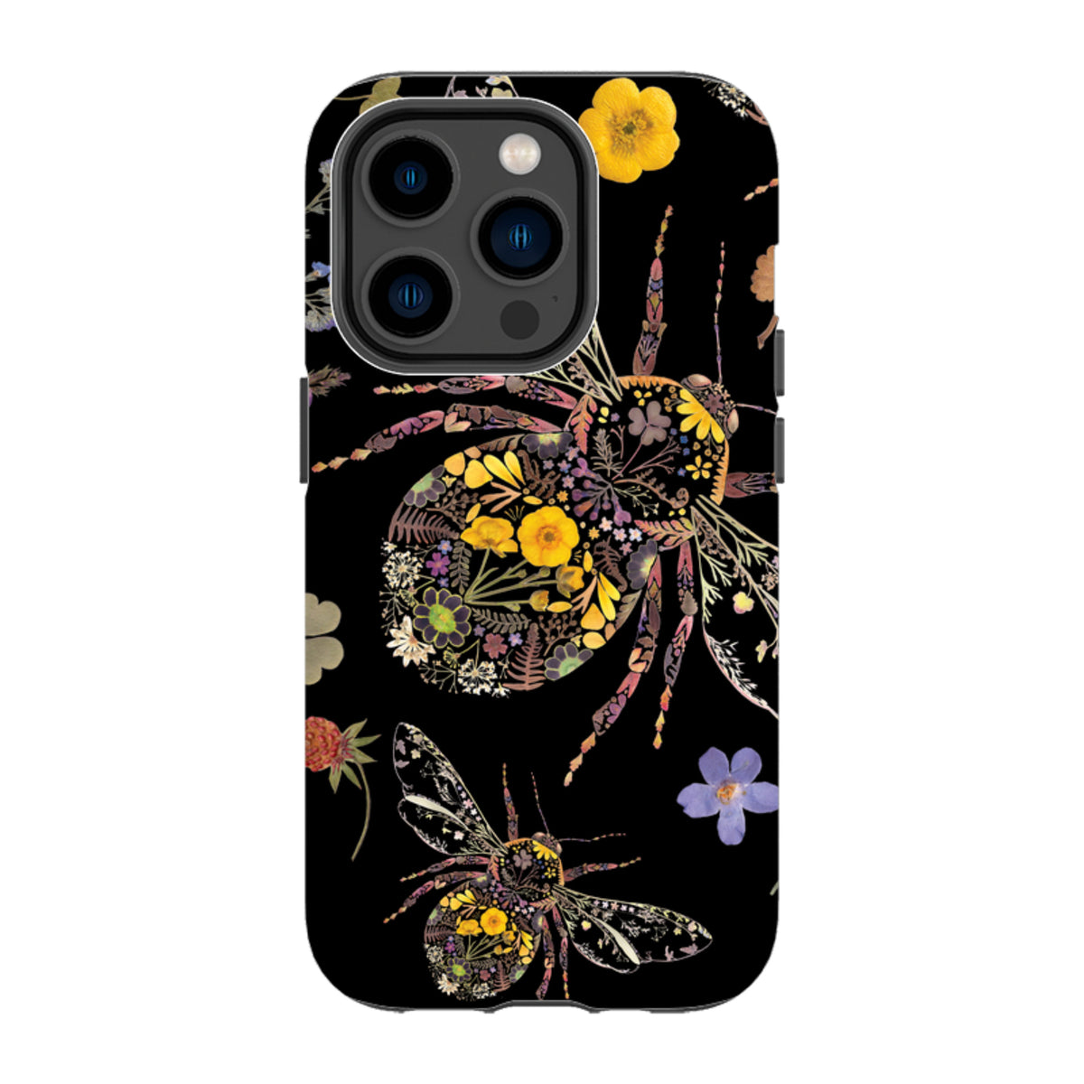iPhone tough case featuring a black background with intricate floral bumble bee artwork by Helen Ahpornsiri.