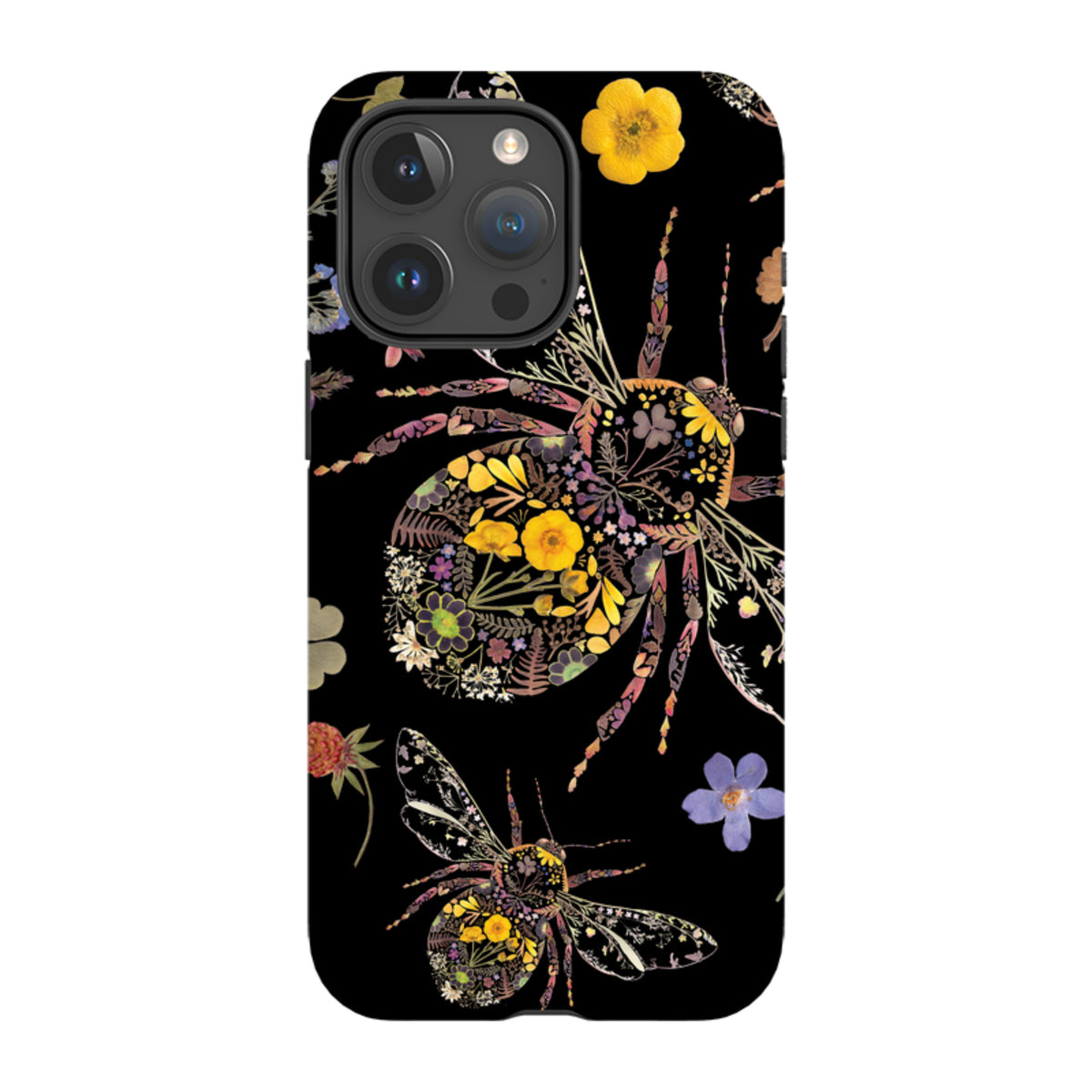 iPhone tough case featuring a black background with intricate floral bumble bee artwork by Helen Ahpornsiri.