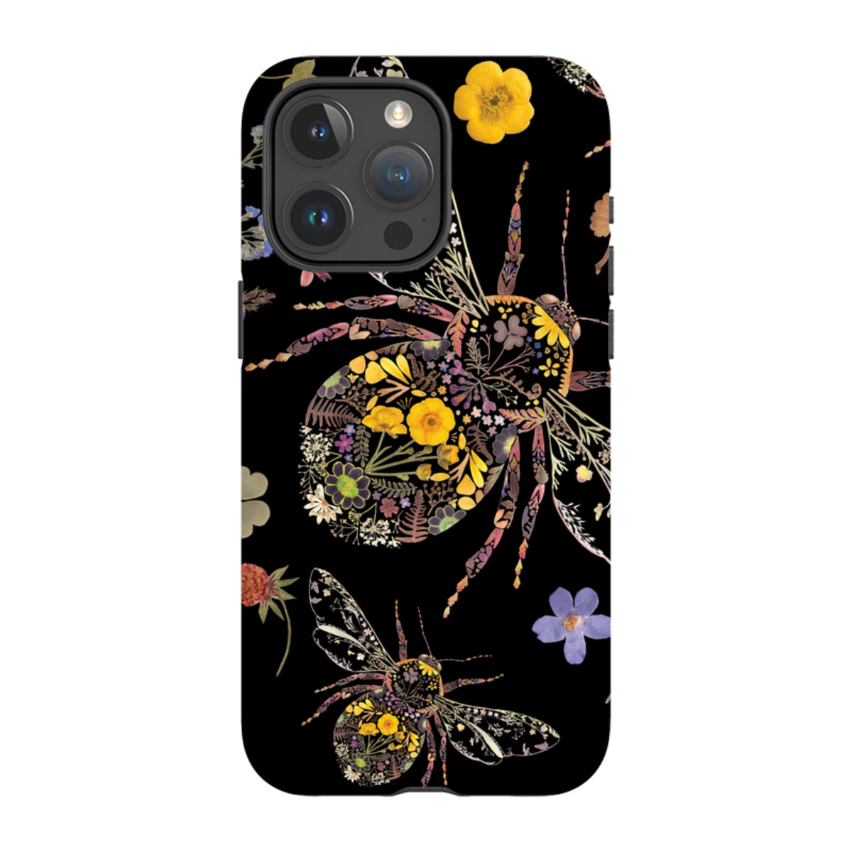 iPhone tough case featuring a black background with intricate floral bumble bee artwork by Helen Ahpornsiri.