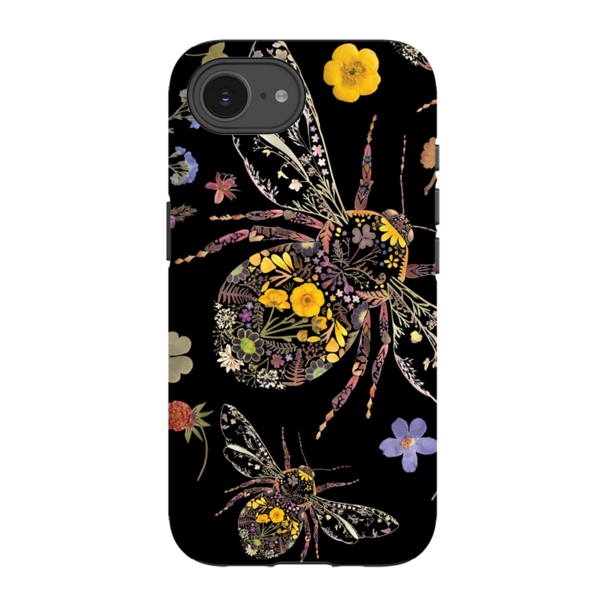 iPhone tough case with a black background featuring intricate floral bumble bee art by Helen Ahpornsiri.