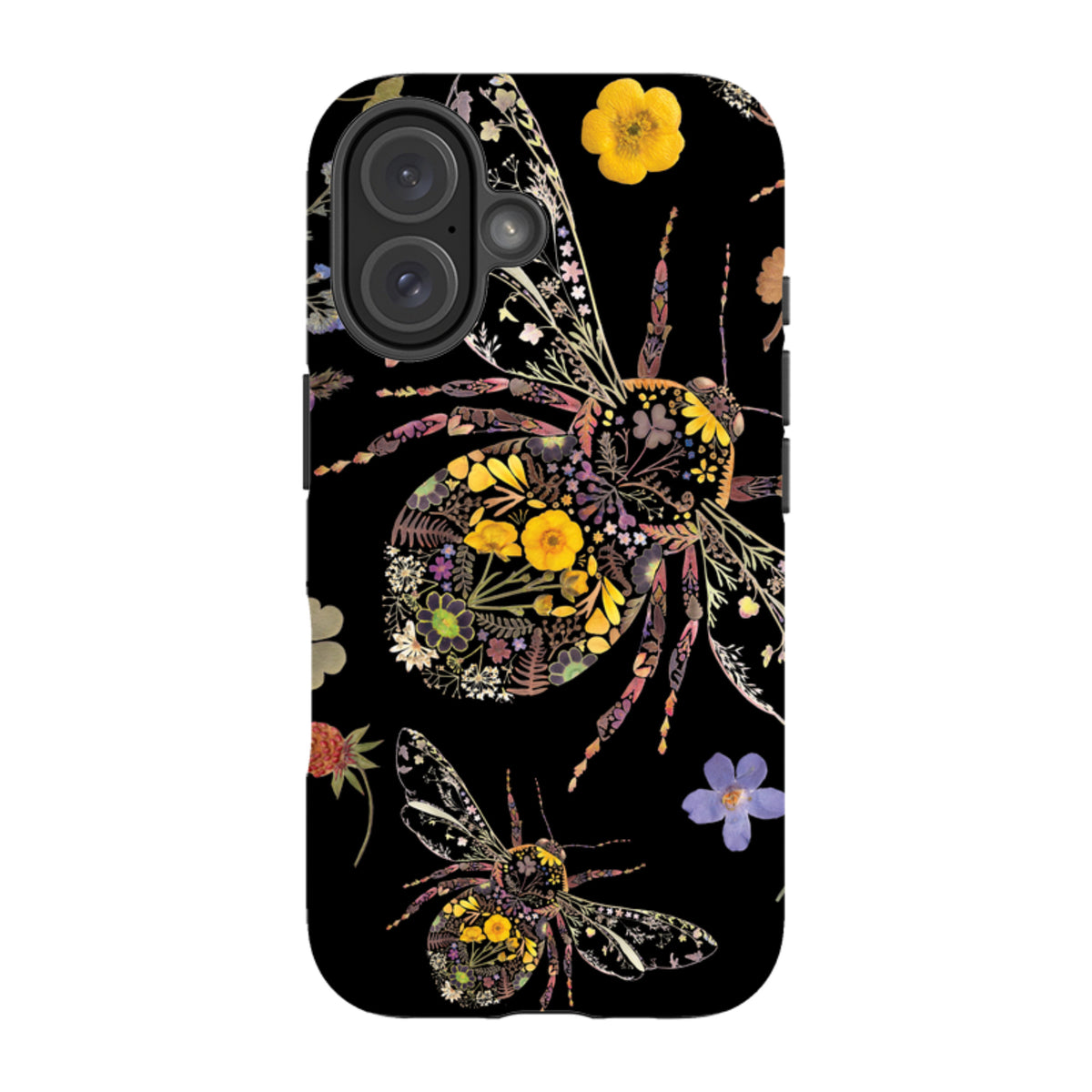 iPhone tough case with a black background featuring intricate floral bumble bee art by Helen Ahpornsiri.