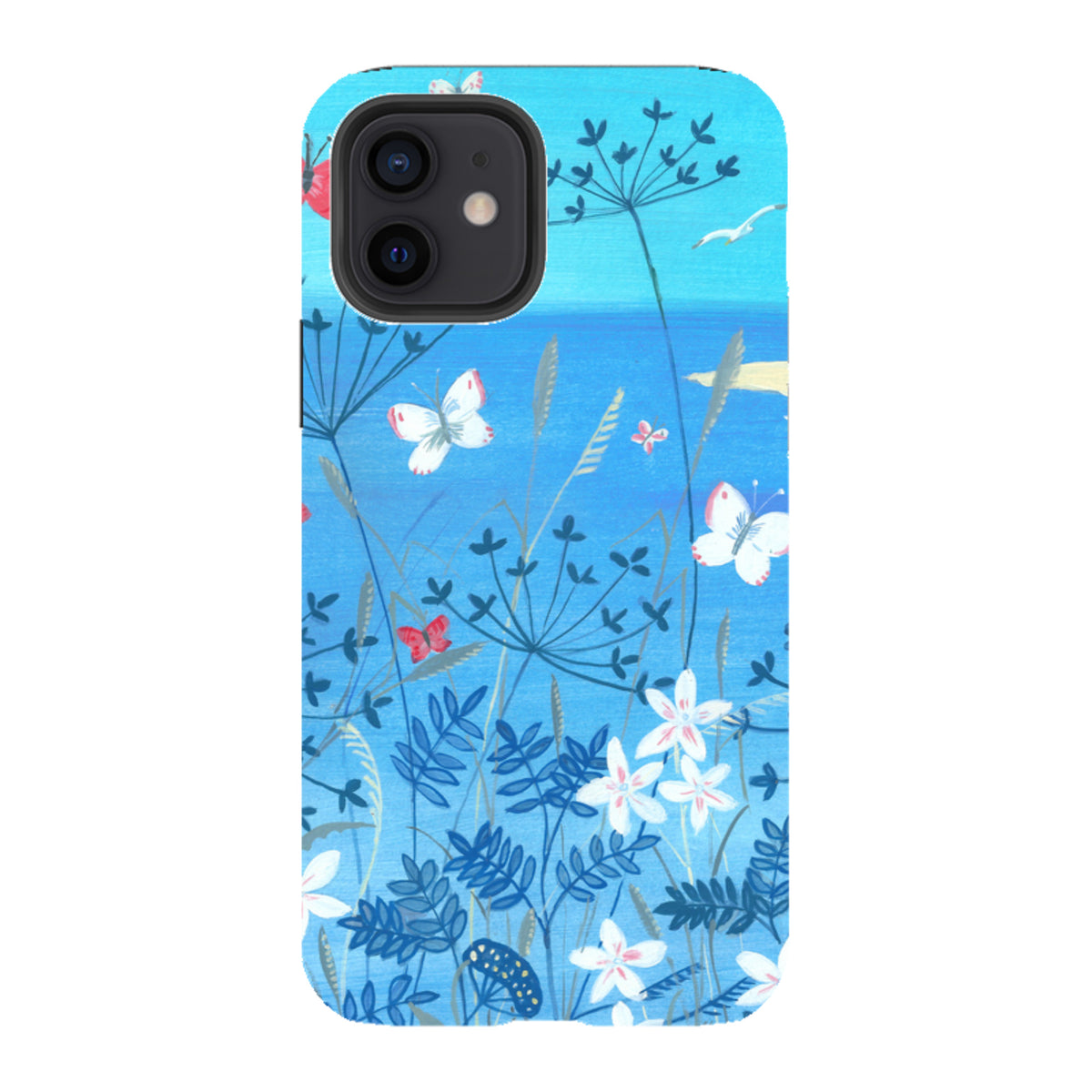 Dual-layer iPhone tough case featuring Mary Stubberfield's blue floral and butterfly art with a protective camera cutout.