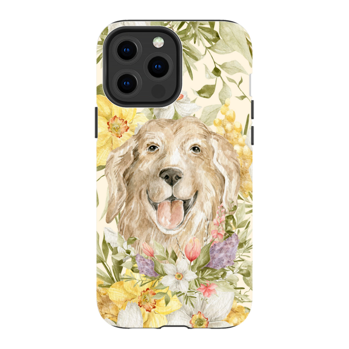 Dual-layer iPhone tough case featuring a golden retriever illustration surrounded by colorful watercolor floral art.