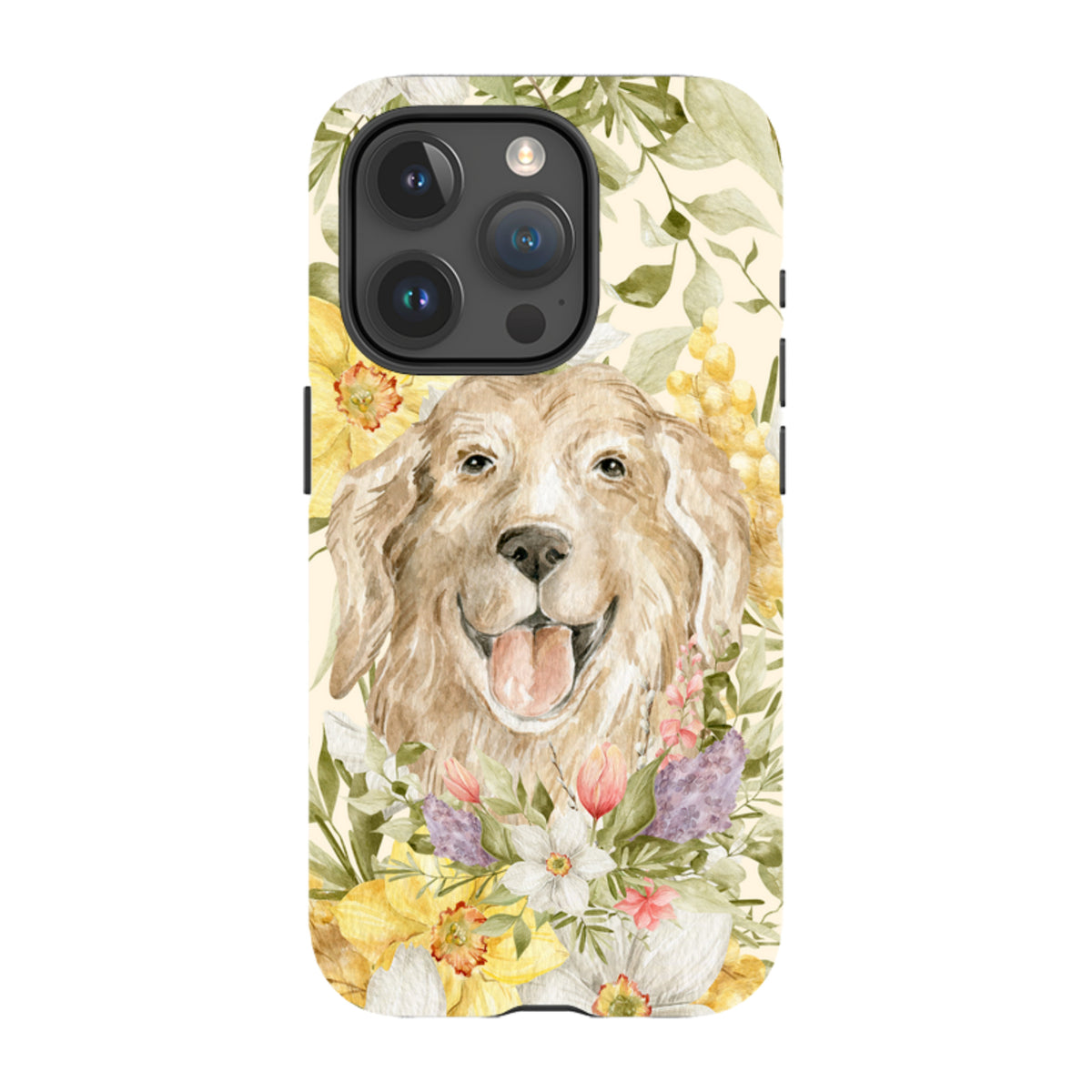 iPhone tough case featuring a watercolor golden retriever surrounded by colorful spring flowers and greenery.