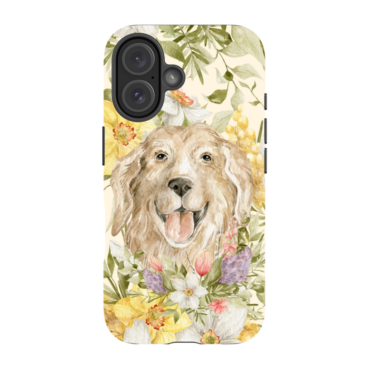 iPhone tough case featuring a golden retriever surrounded by watercolor flowers and greenery on a cream background.