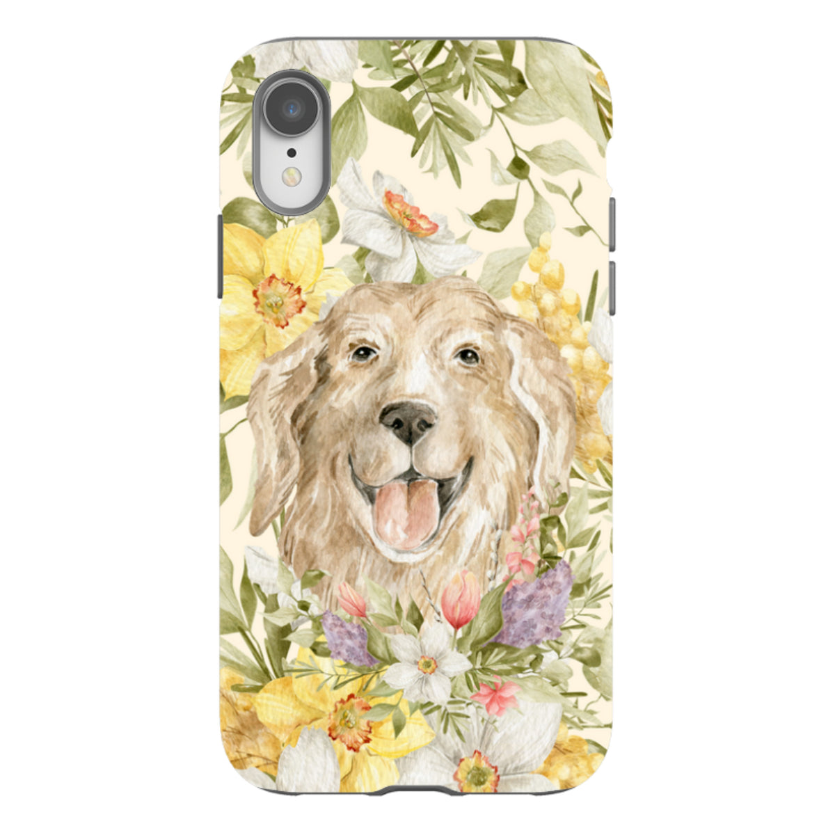 iPhone tough case featuring a watercolor golden retriever surrounded by vibrant yellow and white floral illustrations.