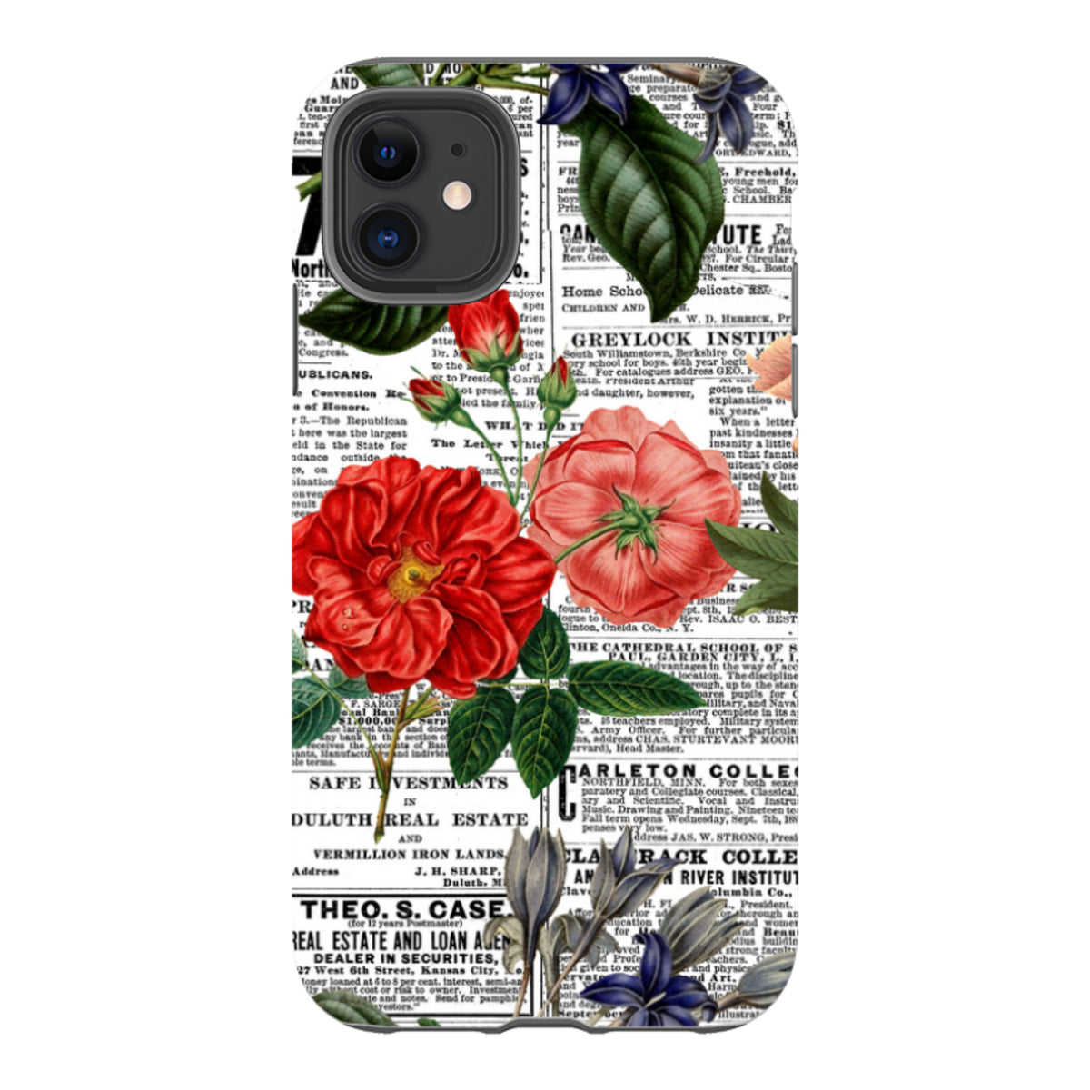 iPhone tough case featuring a vintage newsprint background with vibrant red floral illustrations and green leaves.