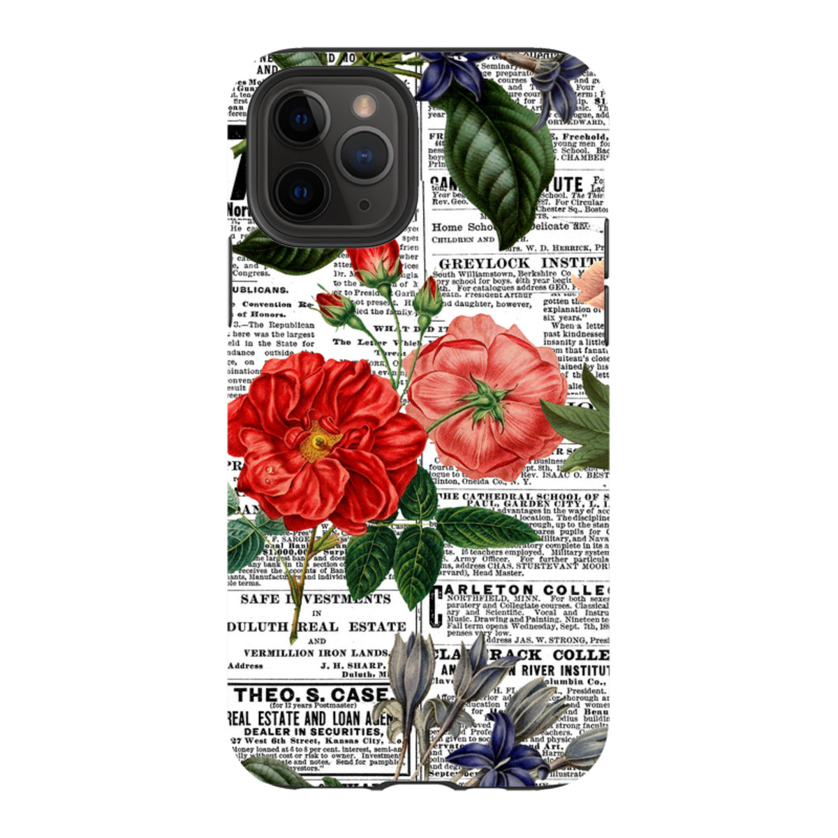 iPhone tough case featuring red floral illustrations layered over a vintage black and white newsprint background.