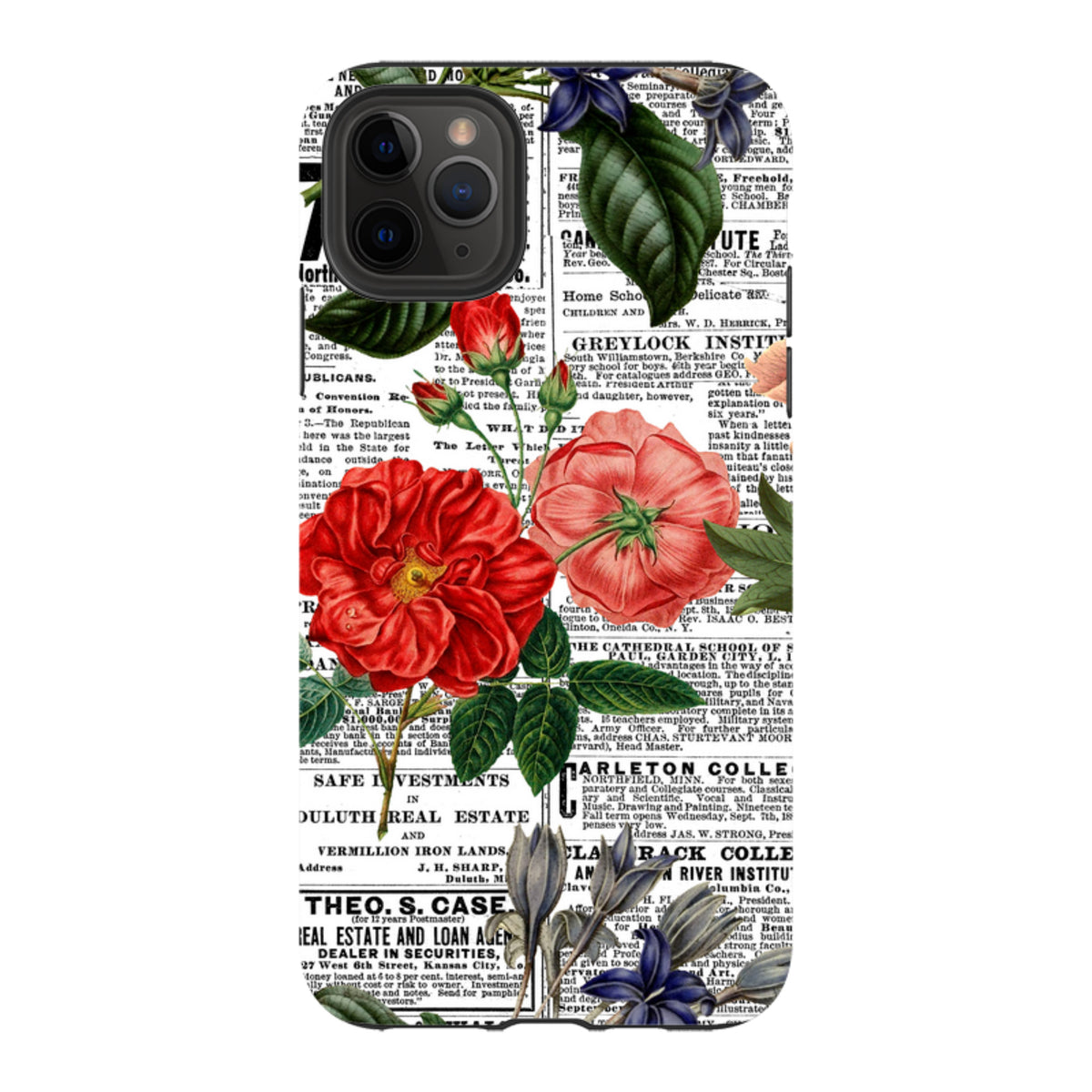 iPhone Tough Case featuring a vintage floral newsprint design with vibrant red roses and green leaves on a text background.