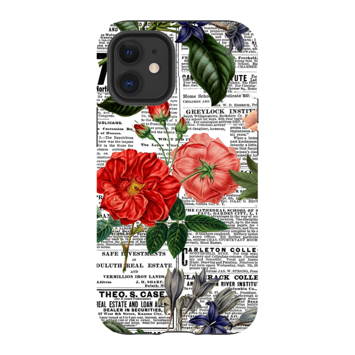 iPhone tough case featuring a vintage newsprint background with vibrant red roses and green foliage illustrations.