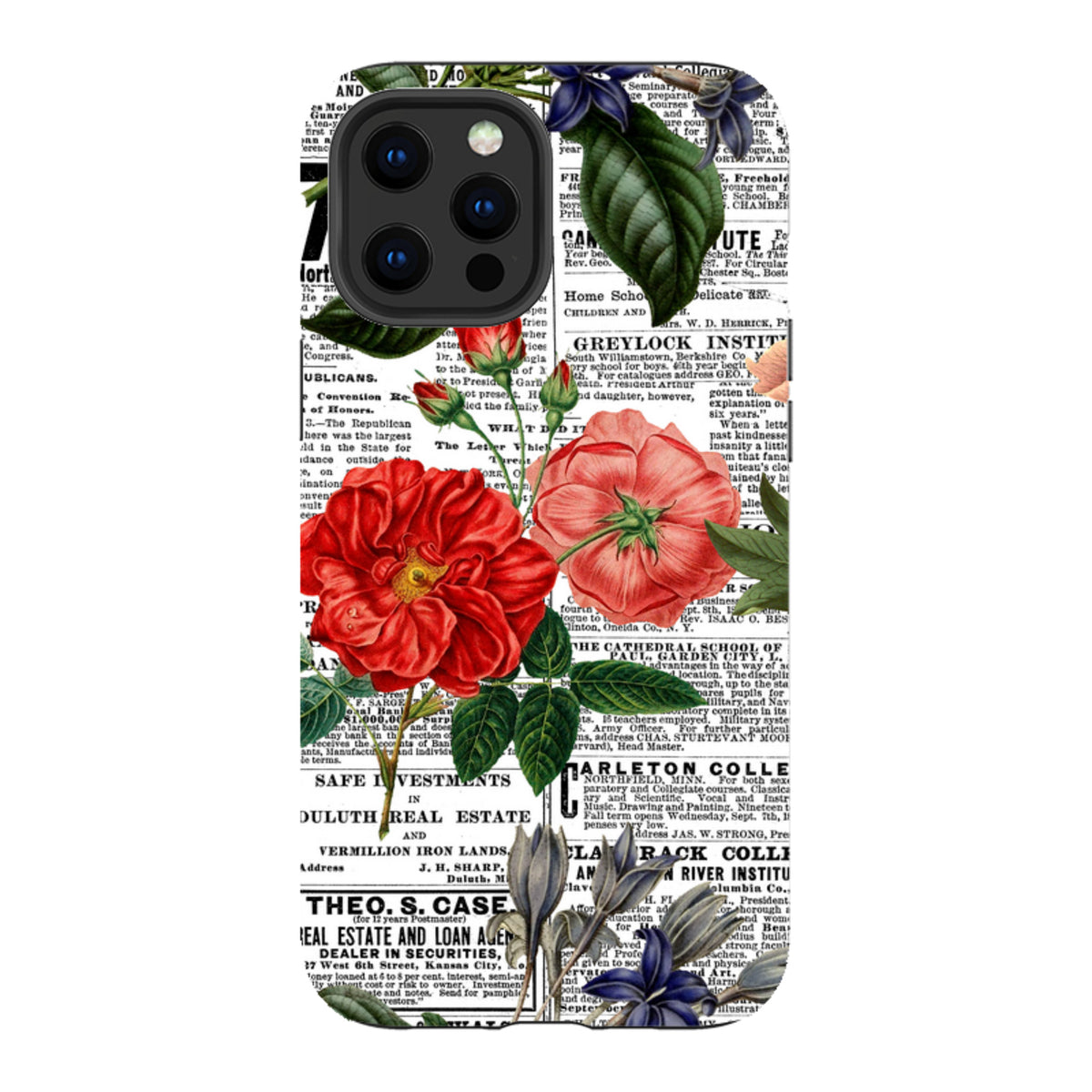 iPhone tough case with vintage newsprint background and vibrant red and blue floral illustrations.