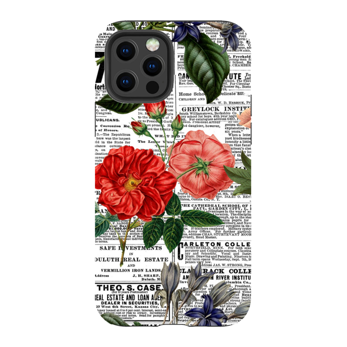 iPhone tough case featuring a vintage newsprint background with vibrant red roses and green leaves.